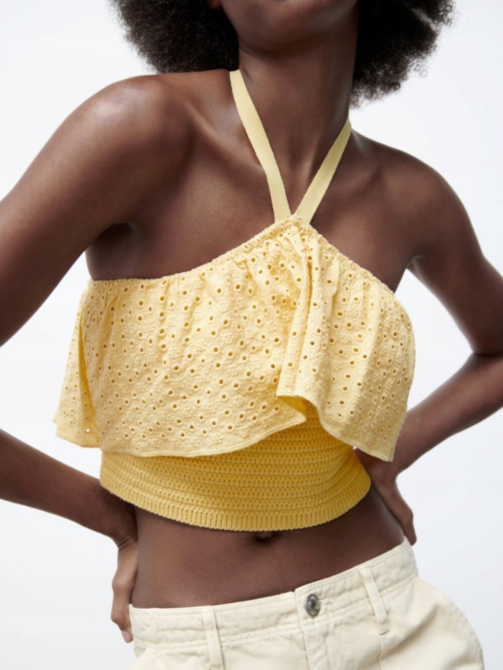 {Zara} Layered Eyelet Ruffle Halter Crop Top | Butter Yellow ~ Size Medium